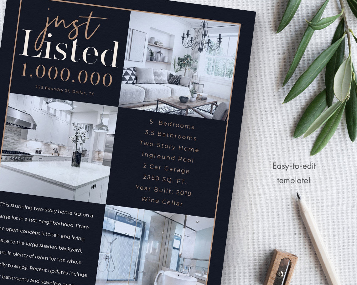 Double-Sided Property Feature Sheet Template | Blossoming Real Estate